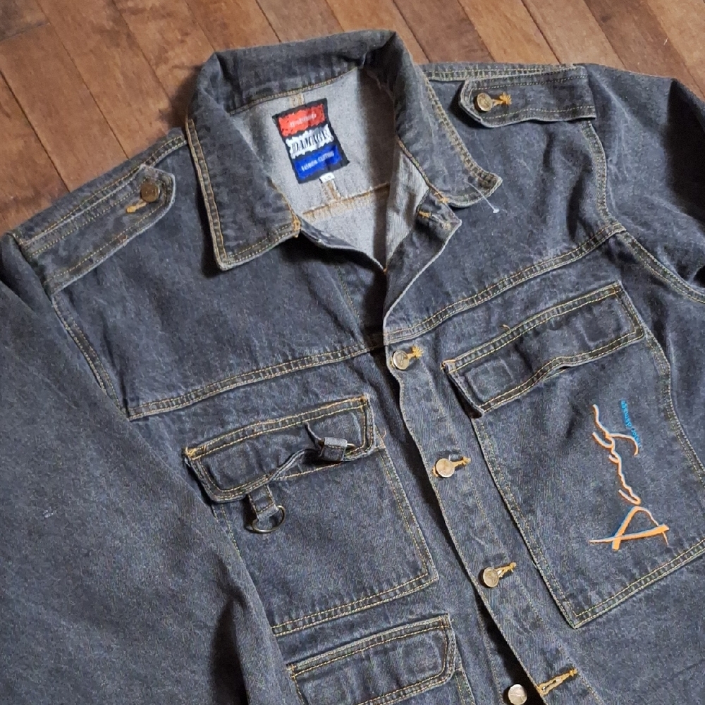 Damage Charcoal Denim Field Jacket Coat Size Large